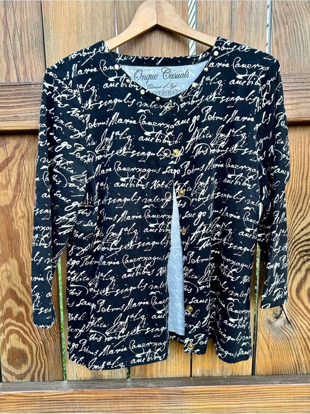 Onque Casuals‎ Cardigan Cursive Script Black  Latin Gold Buttons